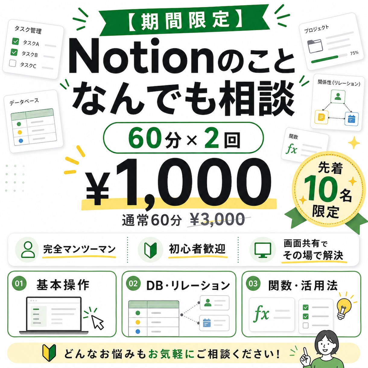 限定価格｜Notionの疑問を徹底的に解決します 画面を共有しながらの解説。丁寧な解説が必要な方へ イメージ1