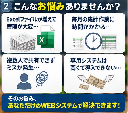 面倒なExcel管理をWEBシステム化します 毎日の転記・集計を効率化！最短5日・2万円〜 イメージ2