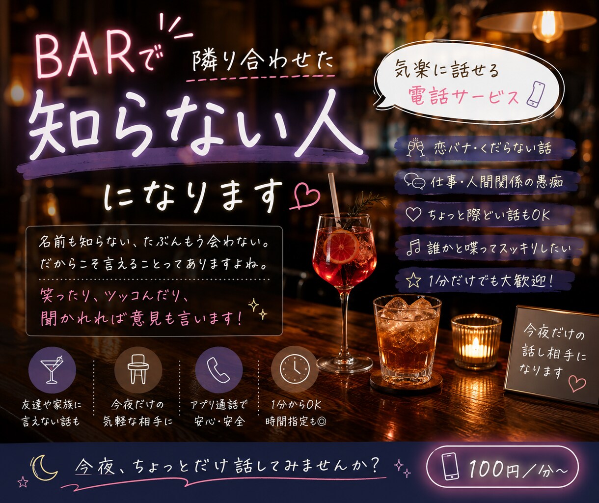 BARで隣り合わせた知らない人になります 恋バナ・くだらない話・ちょっと際どい話まで何でもどうぞ♪ イメージ1