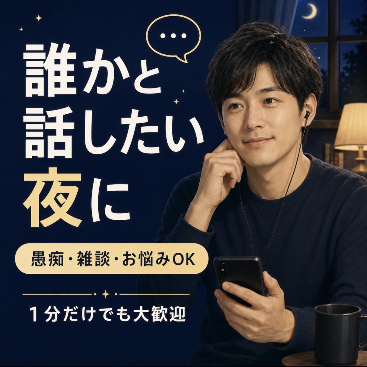 愚痴雑談お悩み　誰かと話したい夜にお話を聞きます 否定や説教をせず、あなたのペースでゆっくりお聞きします イメージ1