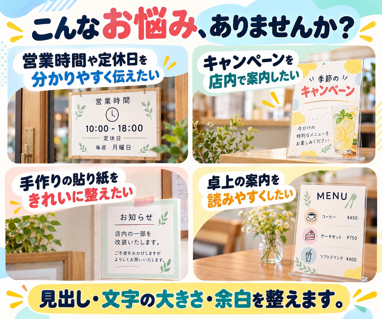 店舗の掲示物・卓上POPを制作します 営業時間・キャンペーン・利用方法をひと目で伝える イメージ3
