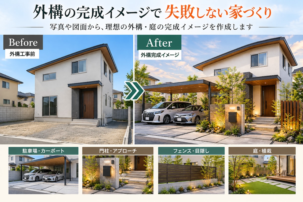 住宅の外構・庭の完成イメージを作成します 写真や図面から理想の外構をわかりやすく画像にします イメージ2