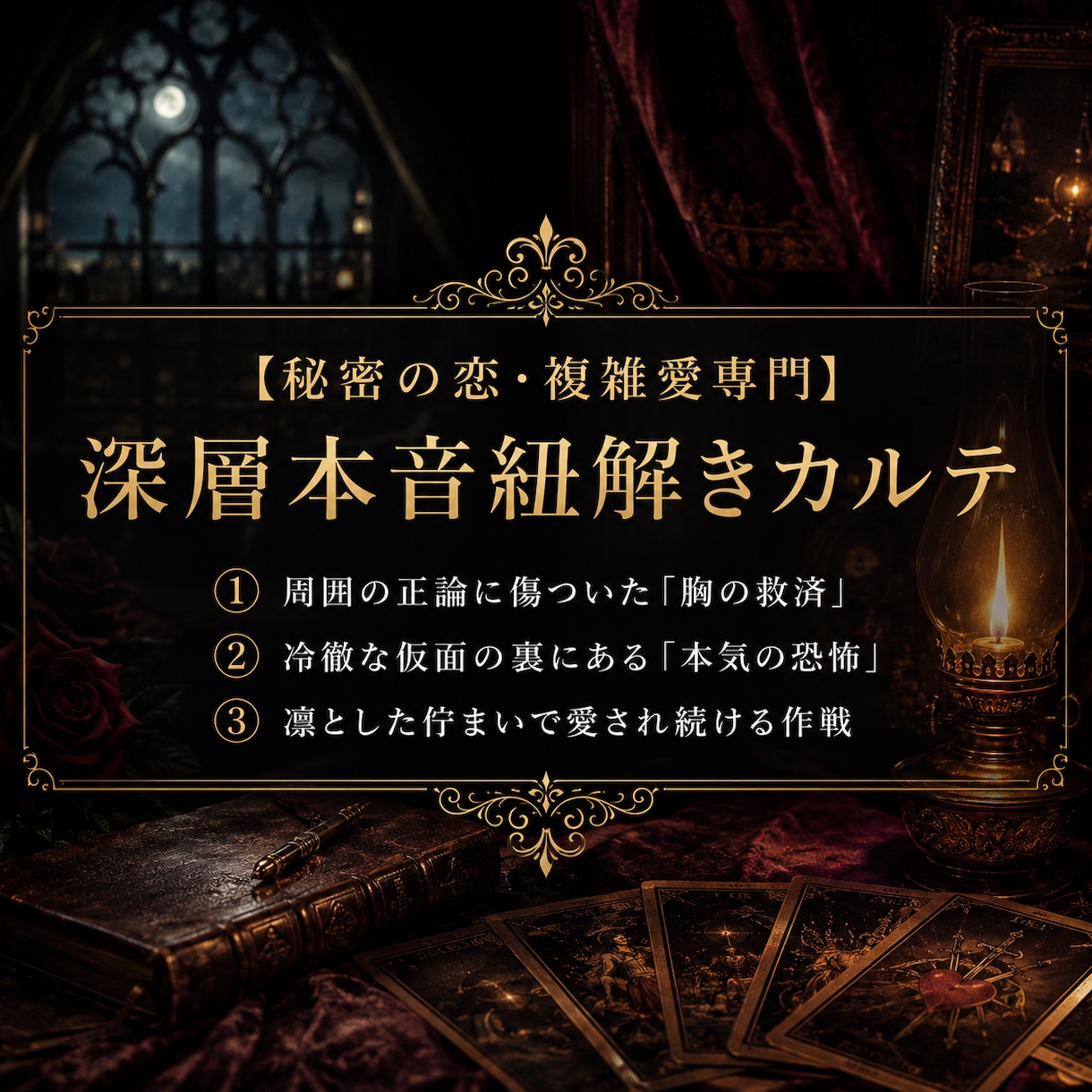 複雑愛◆秘密の恋のお相手の隠された本音を占います 誰にも言えない秘密の恋。あなたの唯一の味方として支え抜きます イメージ1