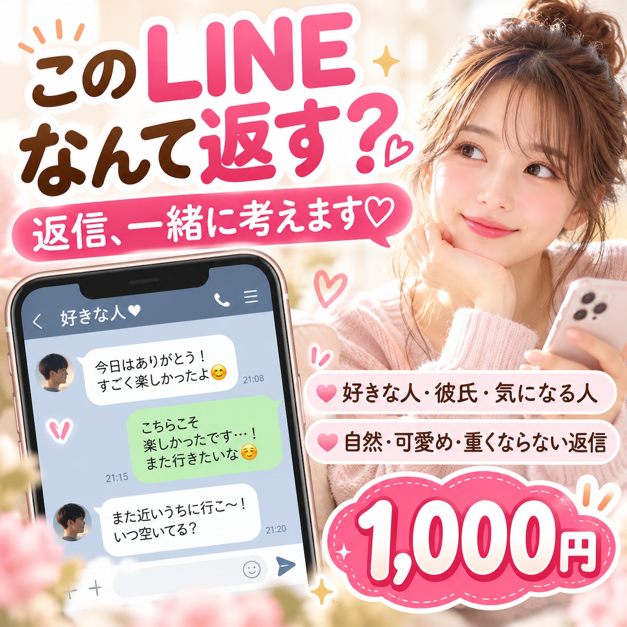 このLINEなんて返す？返信を一緒に考えます 好きな人へのLINE返信を自然に一緒に考えます♡ イメージ1