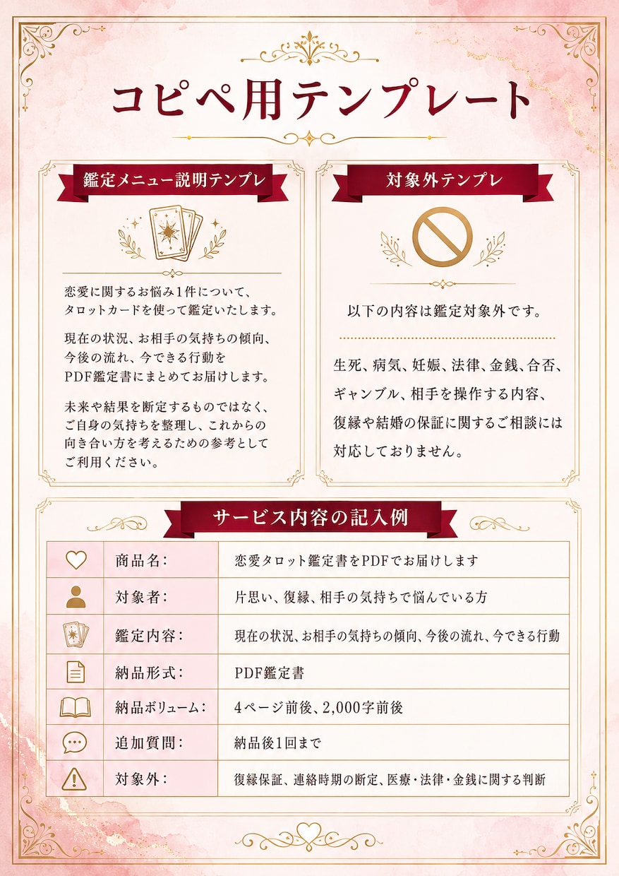 恋愛タロット鑑定書PDFの作り方をお届けします 初心者でも迷わない！テンプレ付き鑑定書PDF出品ガイド イメージ9