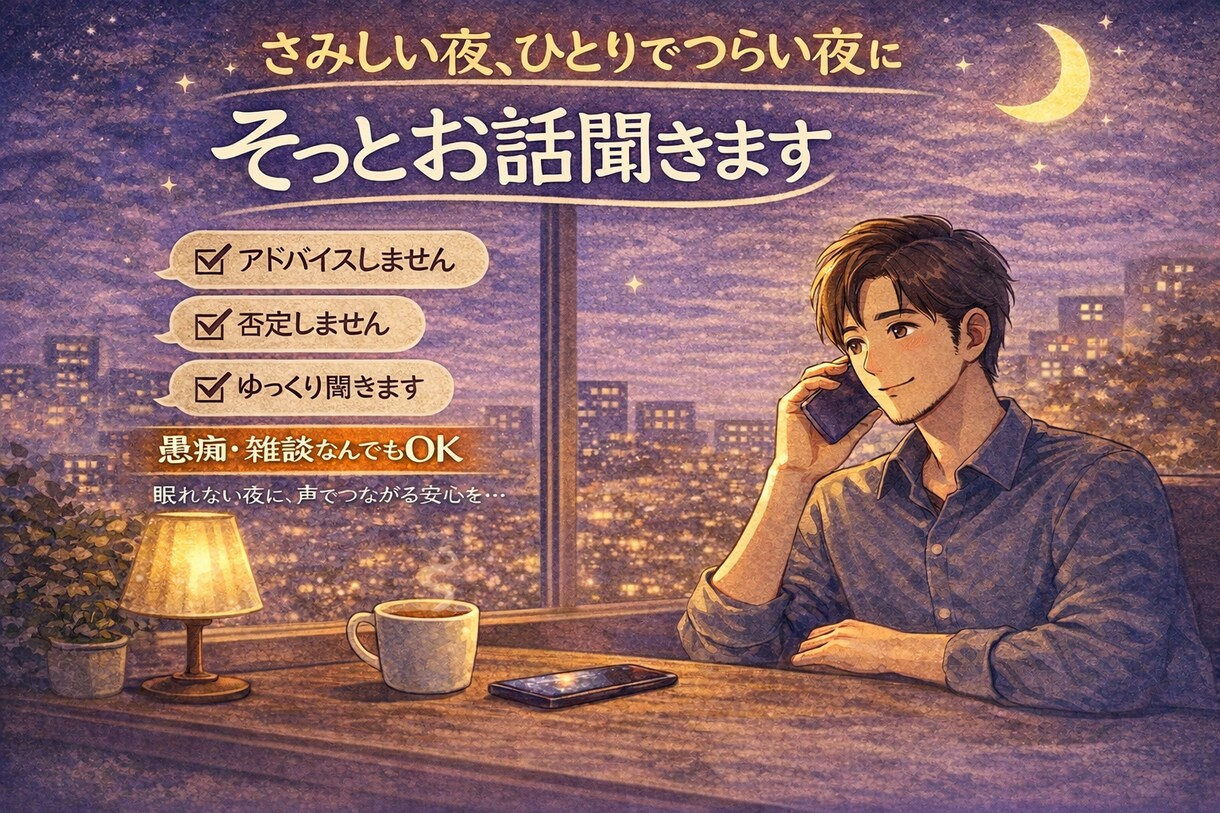 さみしい夜のお話、否定せずに聞きます うまく話せなくても大丈夫な時間です イメージ1