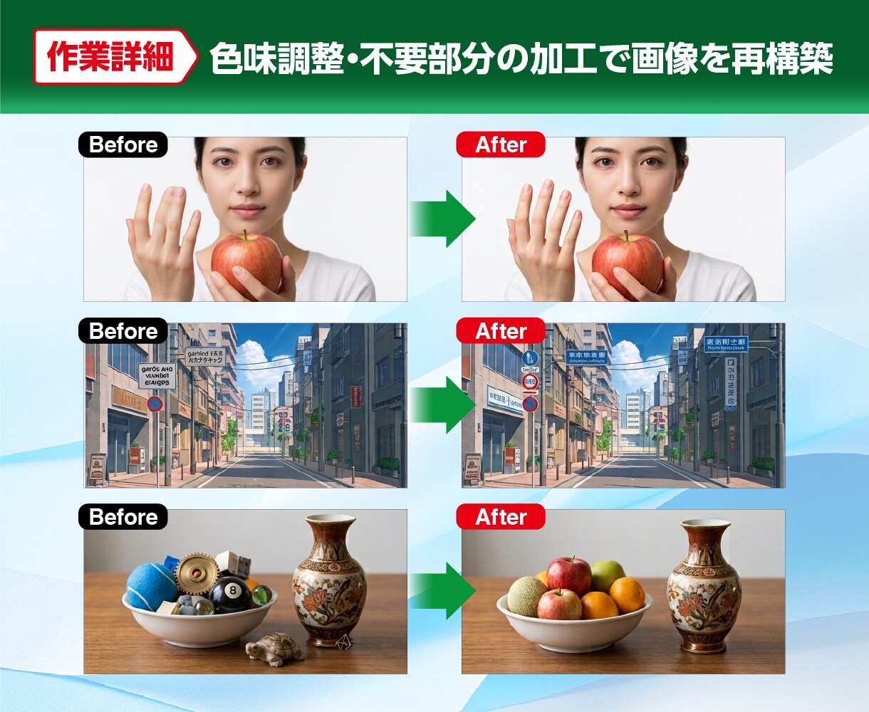 AI生成画像や写真の補正・加工・色味調整をします AI画像の違和感を修正！色調補正・背景変更・不要物の削除加工 イメージ2