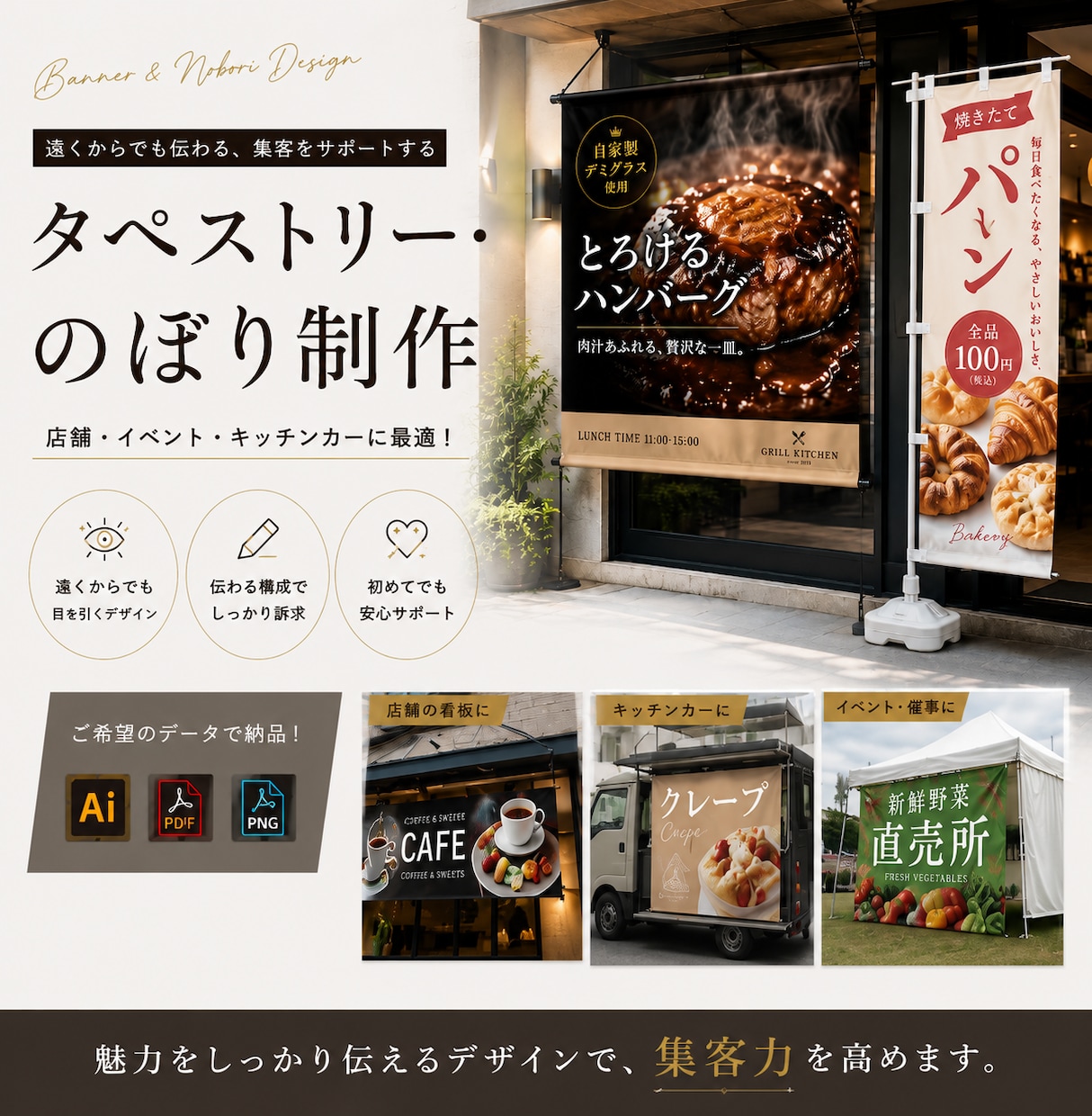 店舗・イベント用タペストリー／のぼり制作します 飲食店・キッチンカー・催事｜遠くからでも伝わる販促デザイン イメージ1