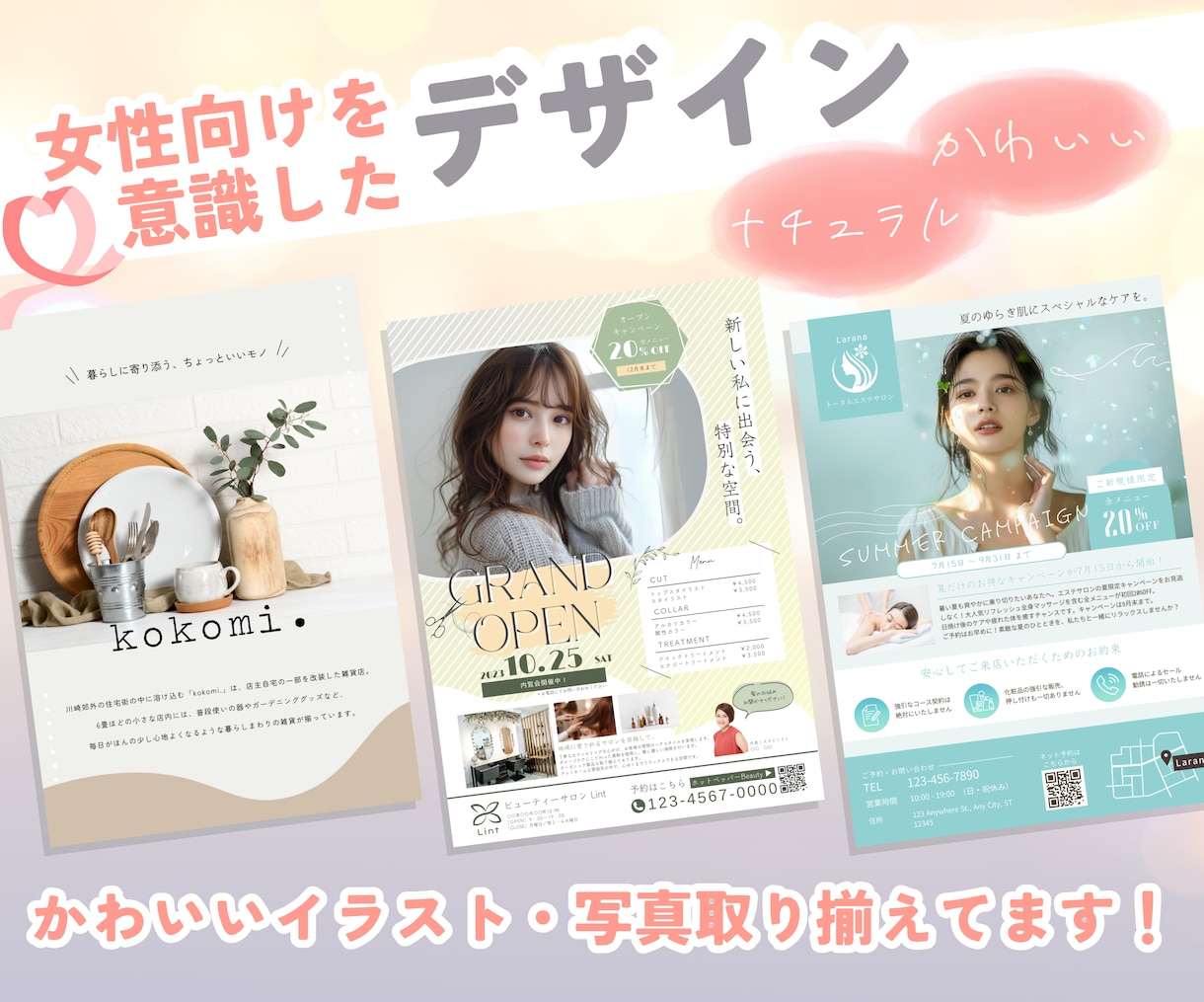 流行りのデザインにも対応！女性向けのチラシ作ります 〔初めての方大歓迎〕豊富なイラスト・写真ご用意いたします！ イメージ1