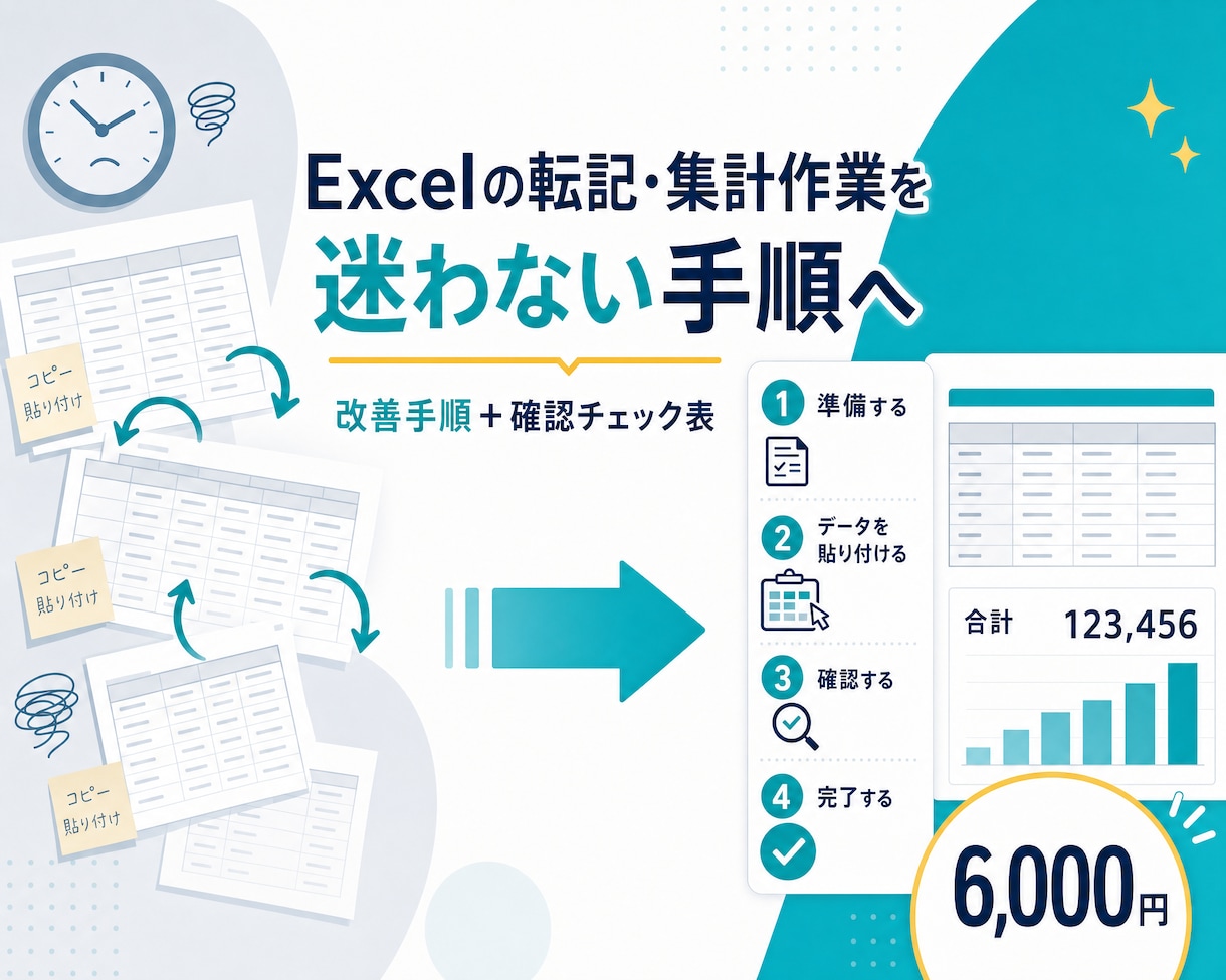 Excelの転記・集計手順を整えます 毎回の手作業を、迷わず繰り返せる形に イメージ1
