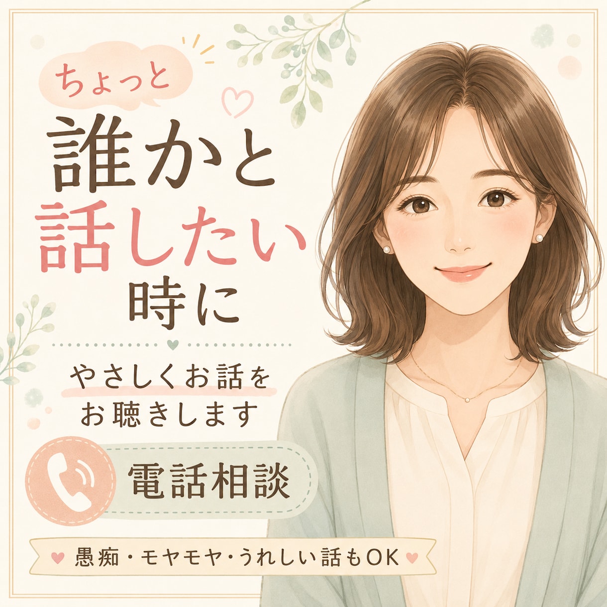 誰かに話したい時、やさしくお話をお聴きします 愚痴も嬉しい話も、否定せずゆっくりお聴きします イメージ1