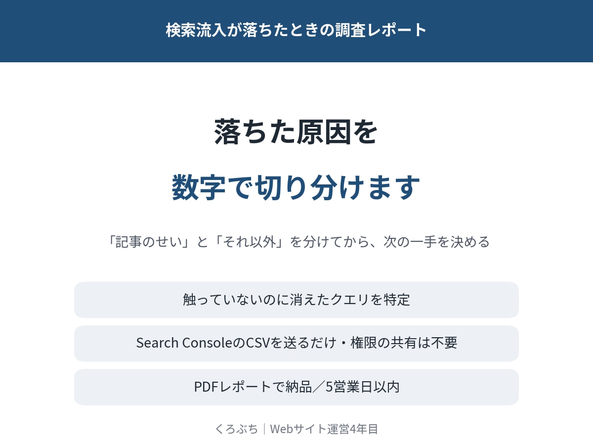 検索流入が落ちた原因を数字で切り分けます 落ちた原因を「記事のせい」と「それ以外」に分けます イメージ1