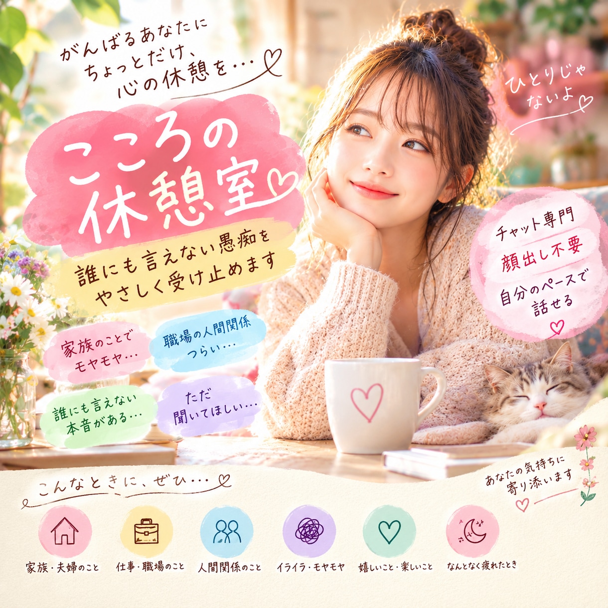 誰にも言えない愚痴を、やさしく受け止めます 顔出し不要・電話不要・自分のペースでOK イメージ1