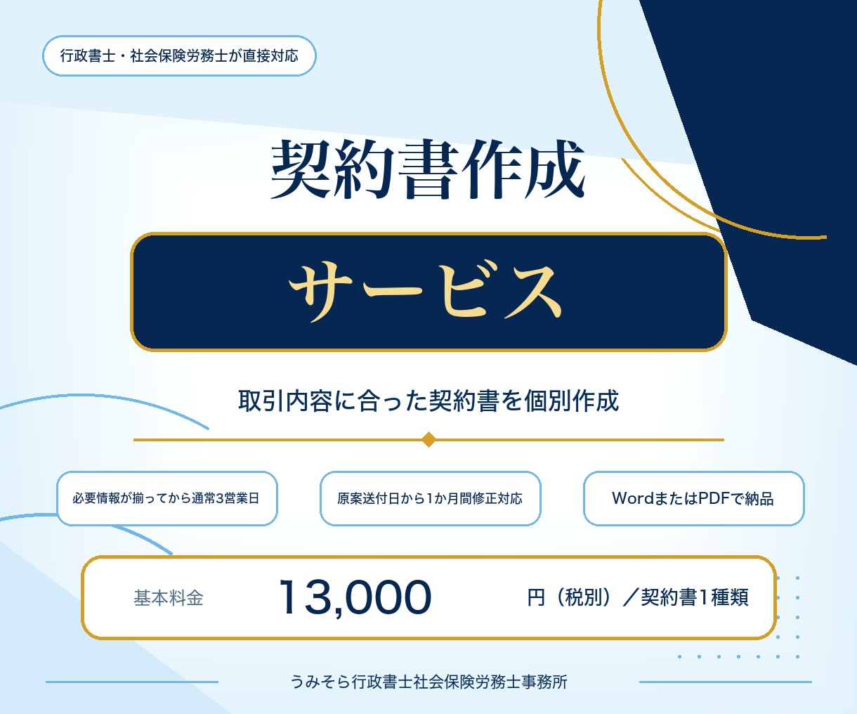 行政書士兼社労士が実務直結の契約書を作成します 作成実績数千件。1か月修正無制限。原案は通常3営業日 イメージ1