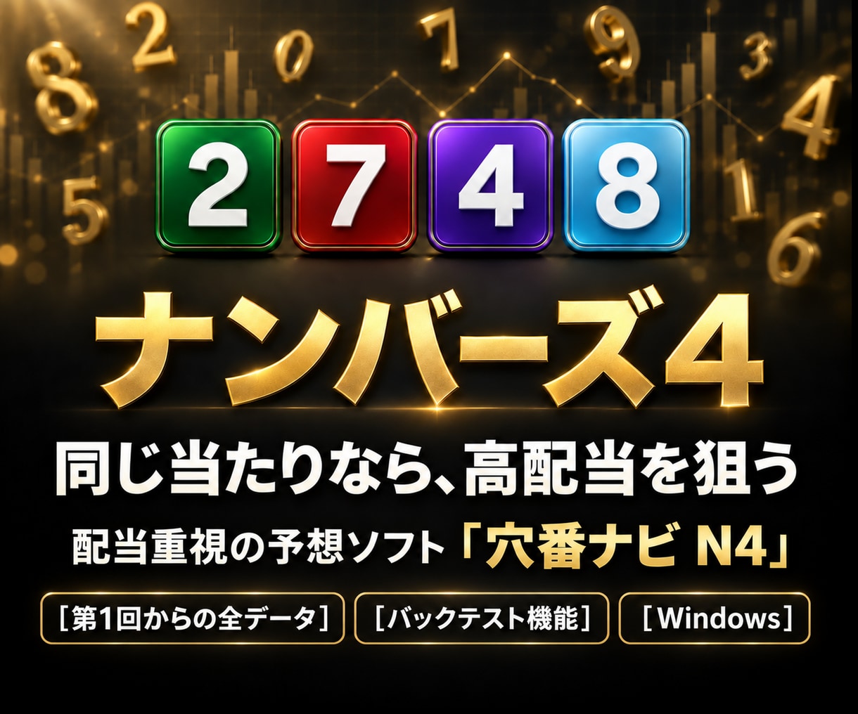 ナンバーズ4の配当重視予想ソフトを販売しますます バックテスト機能つき｜同じ当たりなら高配当を狙う イメージ1