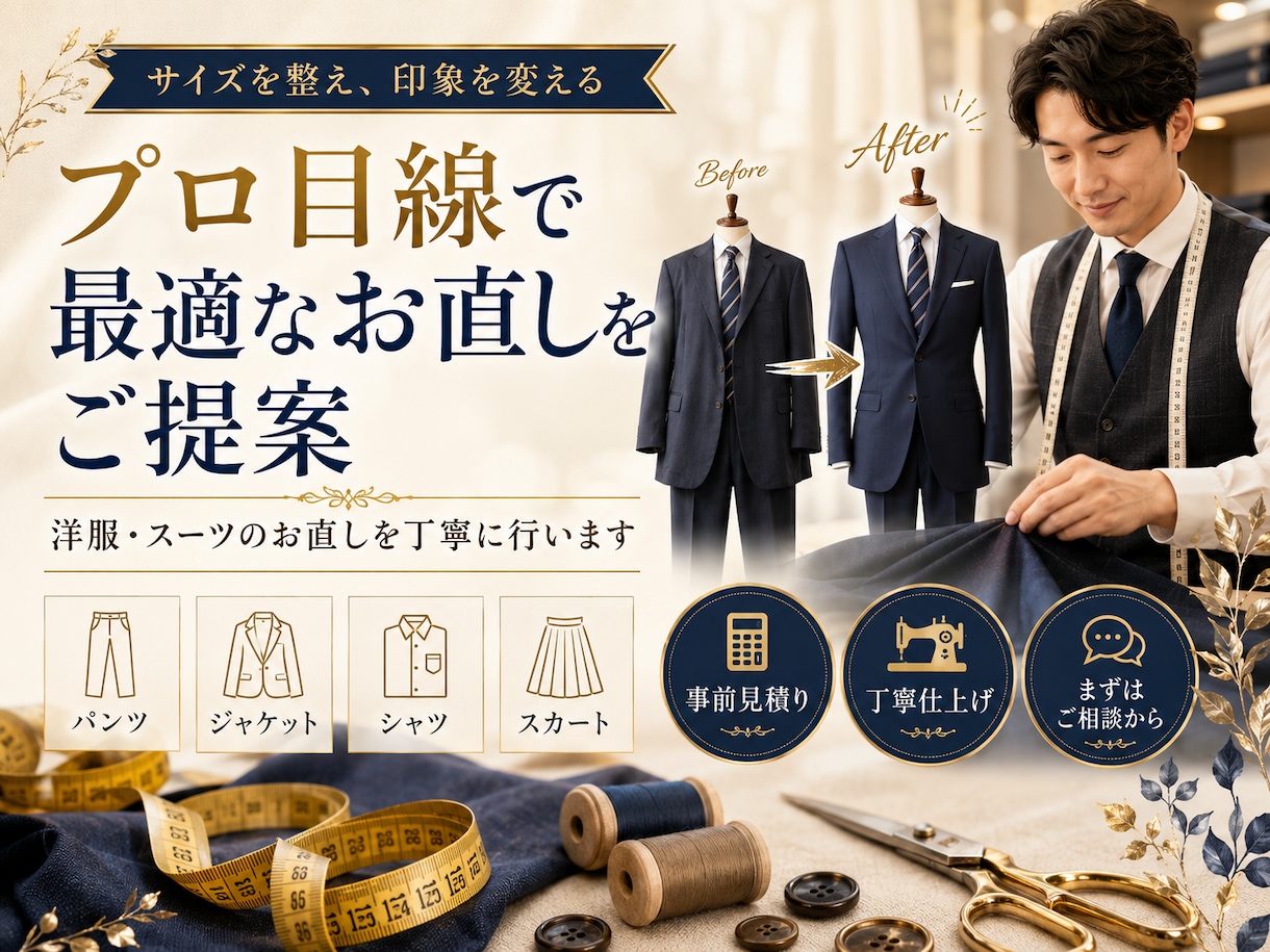 洋服・スーツのお直しを丁寧に承ります 写真で事前見積り。体型と用途に合わせて最適に補正します イメージ1
