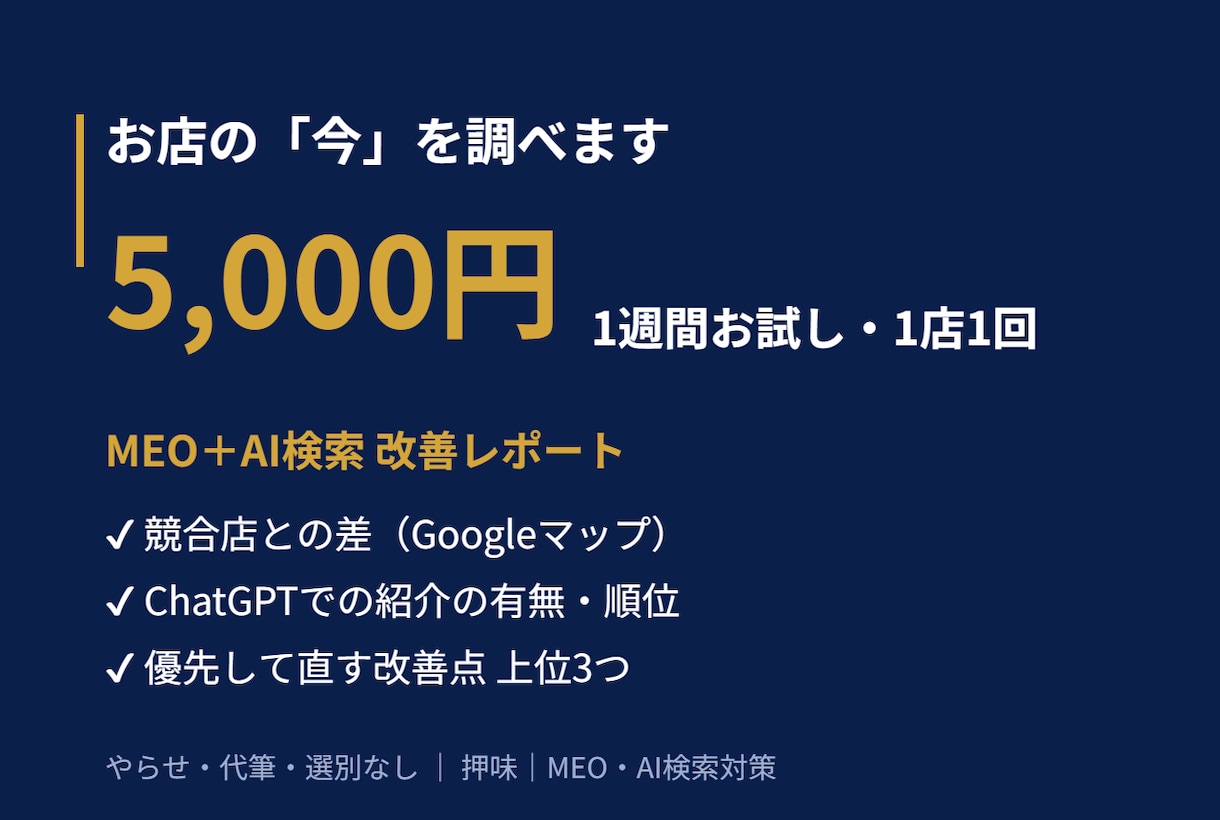 AI検索とMEOの改善レポートを1週間で作成します 1週間お試し｜市場・競合・AI検索を分析 イメージ1