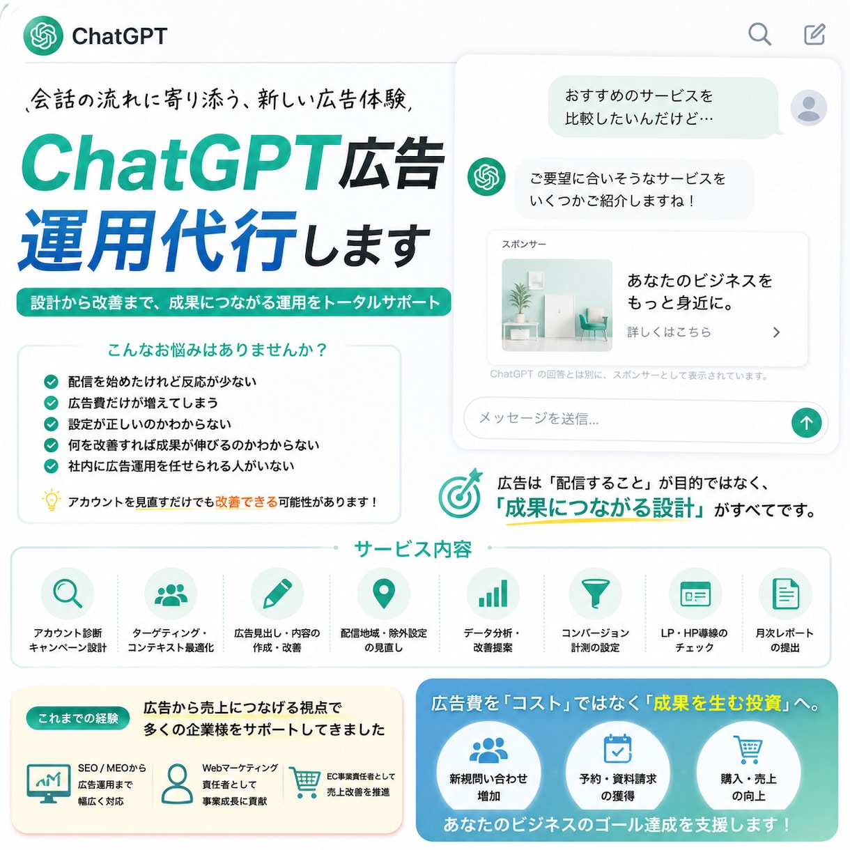 ChatGPT広告で配信から成果をつくる運用します ChatGPT Adsの運用経験を活かして成果改善を支援！ イメージ2