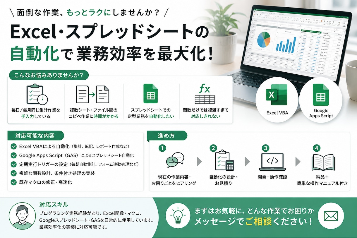 Excel・GASで面倒な作業を自動化します 面倒な集計・転記、マクロで一瞬に自動化します イメージ1