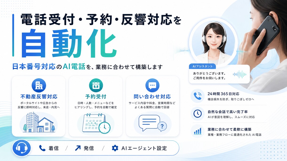日本の電話番号で使えるAI電話を構築します RetellAIと050番号を接続し、電話対応を自動化します イメージ3
