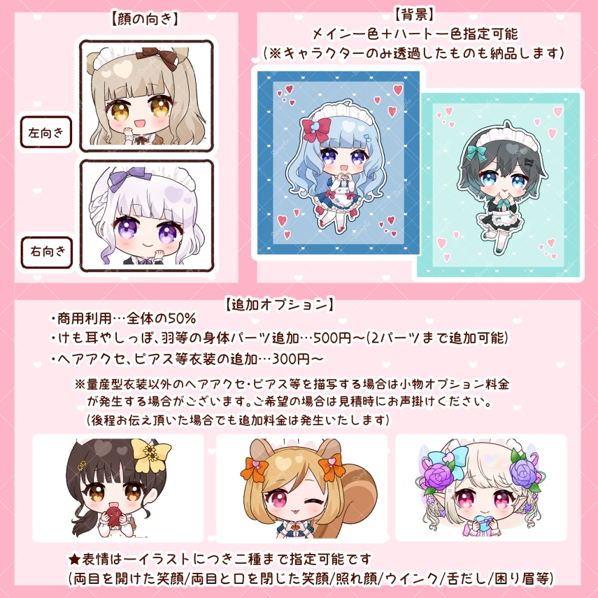 表情二種類＋背景つき！メイド服イラストお描きします サンプルイラストをベースに色や小物でカスタムするデフォルメ絵 イメージ5