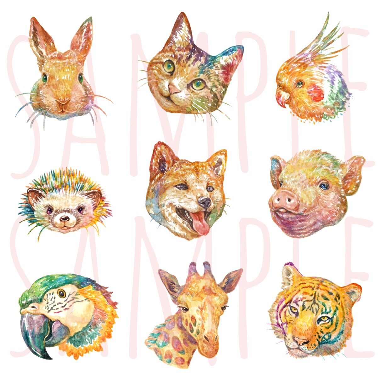 カラフルな「動物の顔」イラスト制作致します 【無料背景付き】プレゼント・アイコン・年賀状・グッズ用などに イメージ3