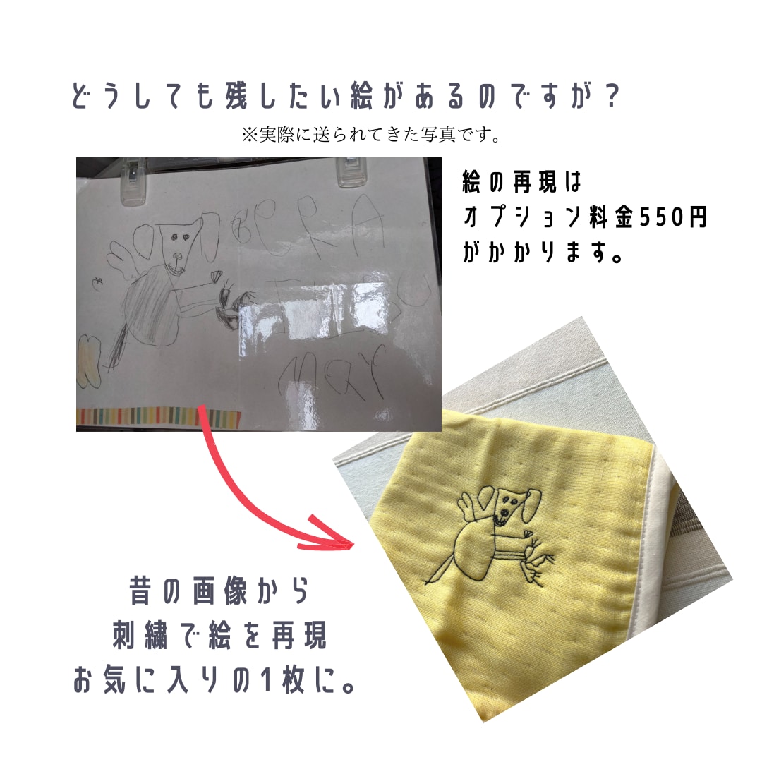 こどものお絵描きをタオルに刺繍します お子様の絵をタオルに刺繍をしてギフトとして送りませんか。 イメージ7