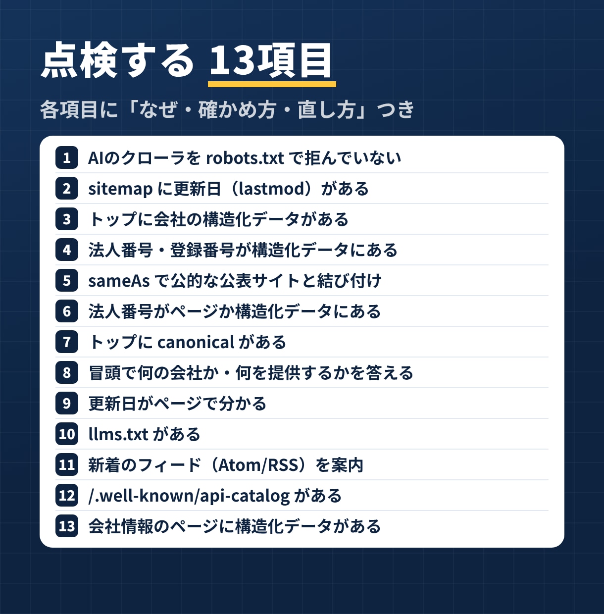 AI検索対策(LLMO)の手順書と雛形を提供します 会社サイトを13項目で点検。構造化データ等の雛形10種付き イメージ4