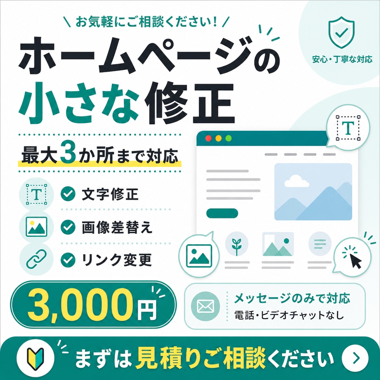 文字修正画像差替えを1ヶ所から最大3ヶ所直します 文字修正・画像差替えなどをメッセージのみで対応します イメージ1