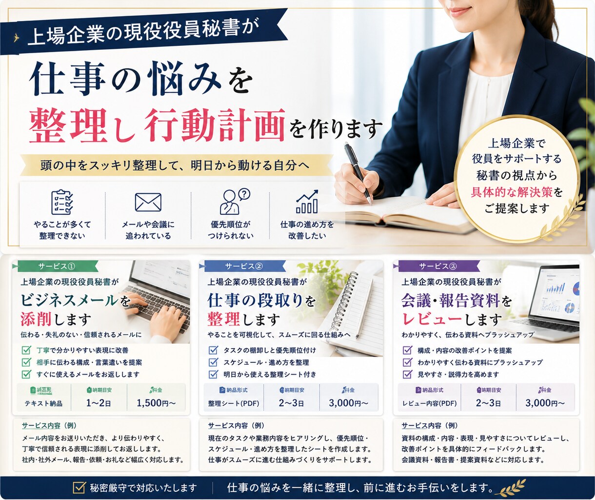 仕事の悩みを整理し行動計画を作ります 上場企業役員秘書経験から具体策をご提案 イメージ1