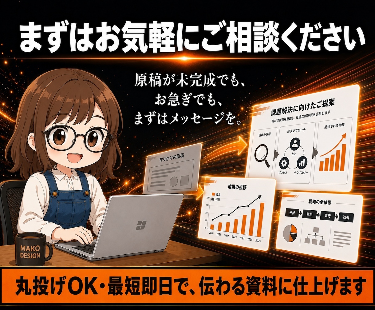 スライド作成 丸投げOK 最短即日で仕上げます 原稿は丸投げでOK。最短即日で、伝わる資料に仕上げます イメージ10