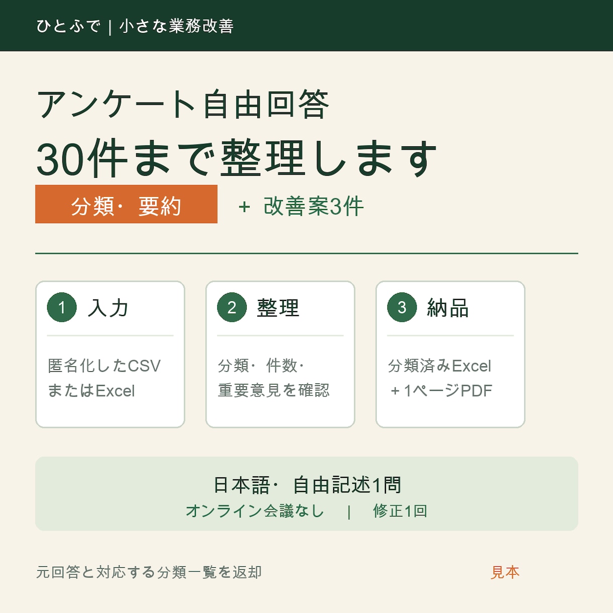 アンケート自由回答30件を分類・要約します 匿名化済み30件をExcelと1ページPDFに整理 イメージ1
