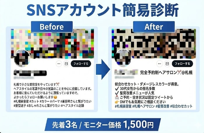 SNSアカウント簡易診断・改善します 選ばれるSNSへ。プロが改善ポイント可視化（モニター3名） イメージ1