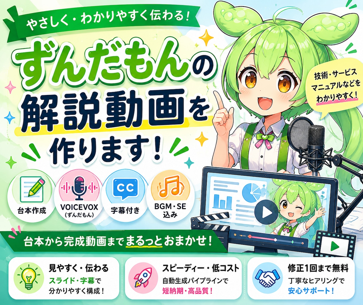 ずんだもんの解説動画を作ります 技術・サービス・マニュアルを、ずんだもんが解説する動画に。 イメージ1