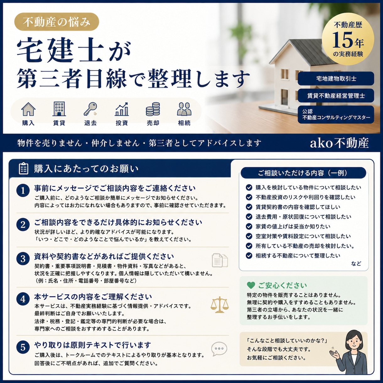 不動産の悩みを宅建士が第三者目線で整理します 購入・賃貸・退去・投資・売却｜不動産歴15年のプロに相談 イメージ1