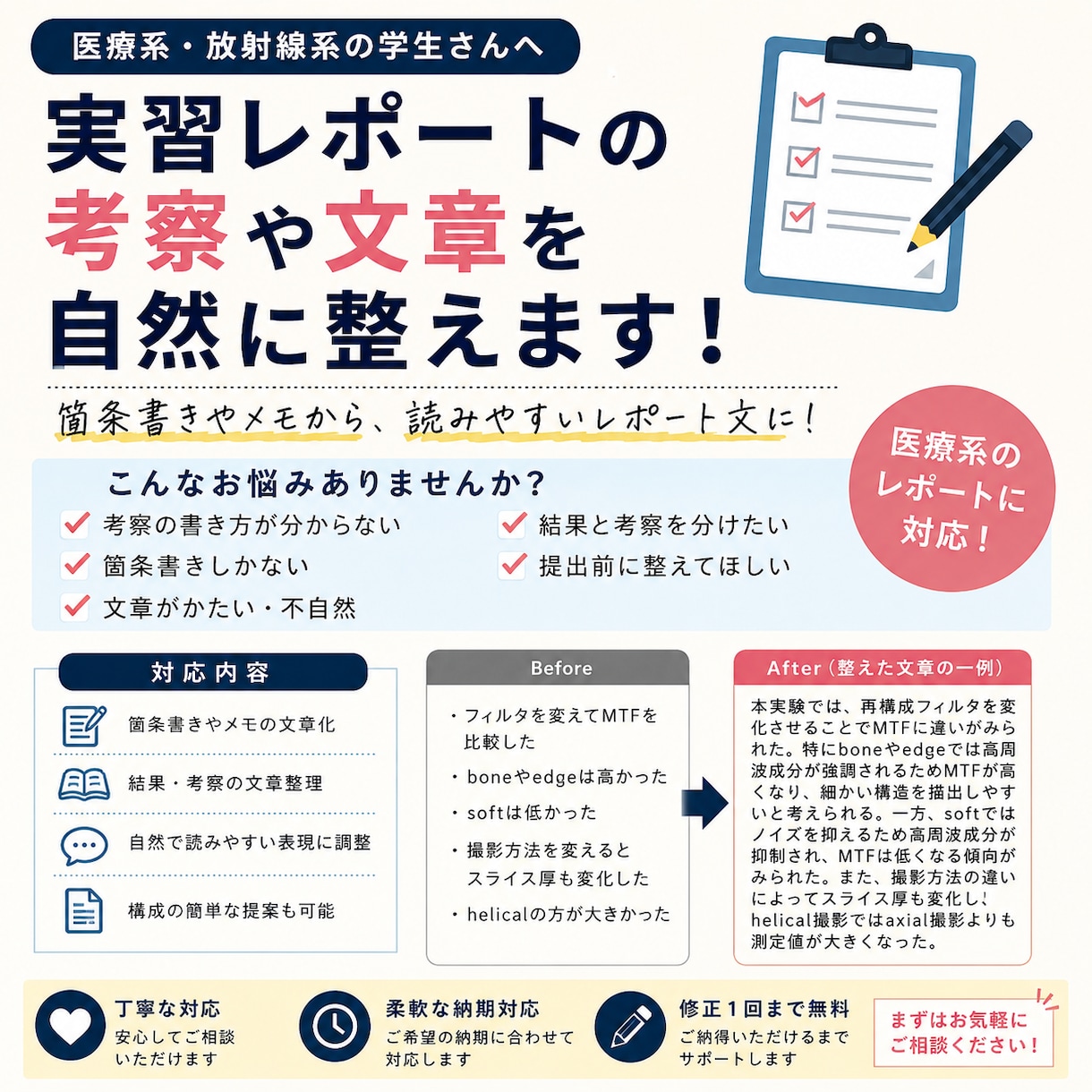 医療系・実習レポートの考察や文章を自然に整えます 実習レポートの結果・考察を学生向けに文章化します イメージ1