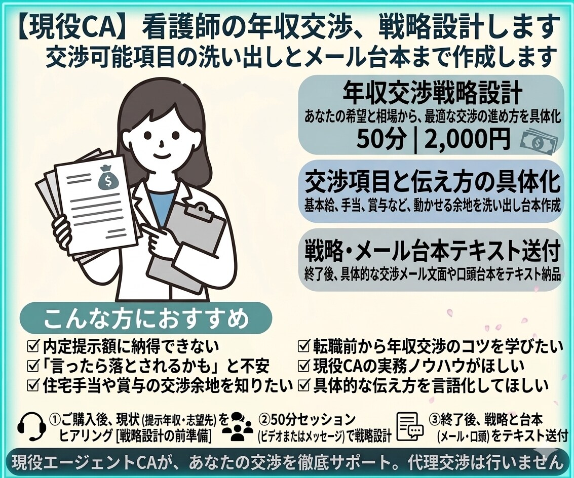 現役CA｜看護師の年収交渉、戦略設計します 交渉可能項目の洗い出しと台本まで作成します イメージ1