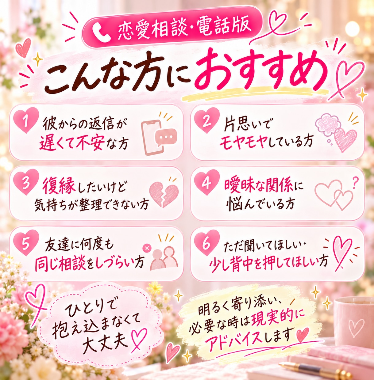 恋愛のモヤモヤや不安を何でもお聞きします 片思い・復縁・彼のLINEまで！元メンヘラの私が聞きます♪ イメージ2