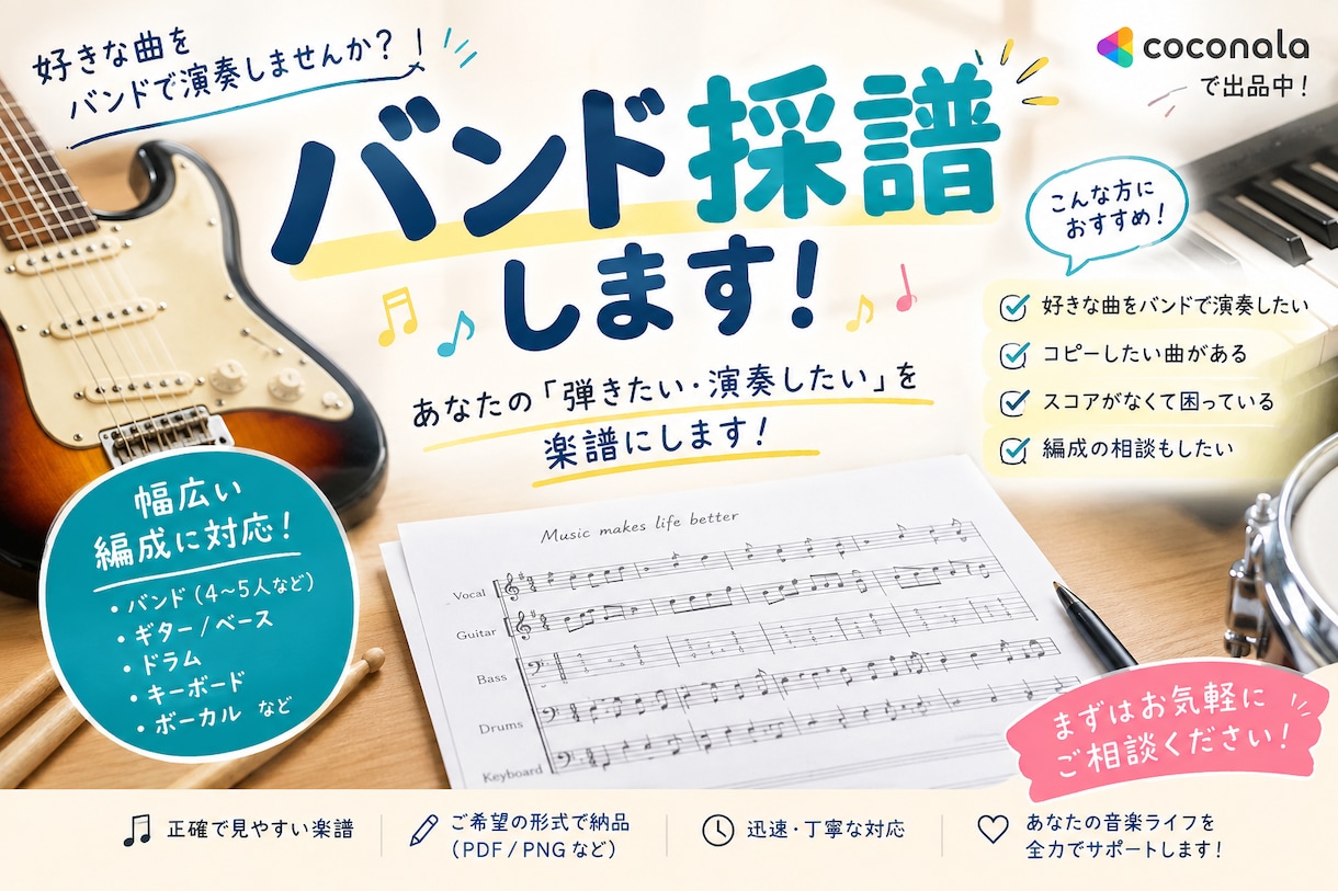 バンド用の楽譜を制作します 楽譜がない曲などのバンド楽譜をお作りします イメージ1