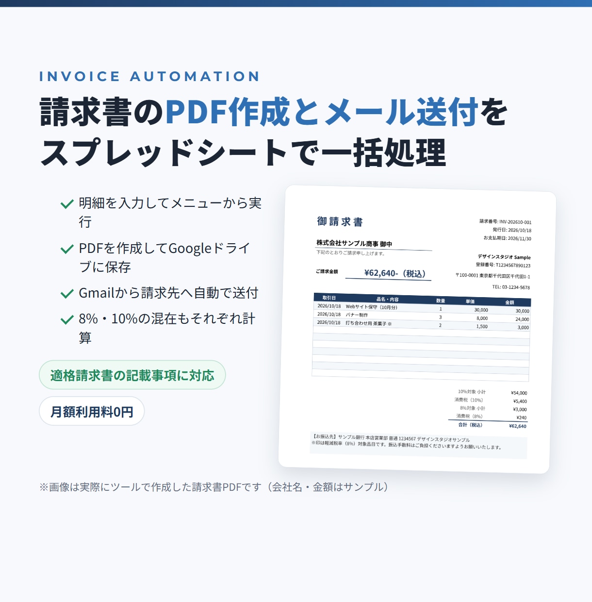 請求書のPDF作成とメール送付を自動化します インボイス対応｜スプレッドシートから一括発行・送付 イメージ1