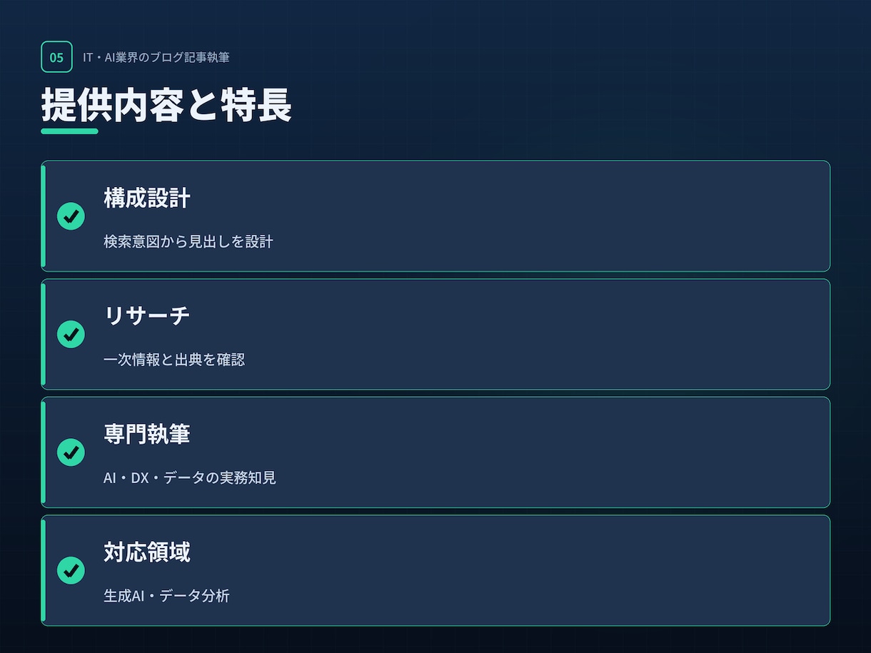IT・AI業界のブログ記事を執筆します 現役AI戦略コンサルが一次知見で執筆｜AI・DX・データ等 イメージ5