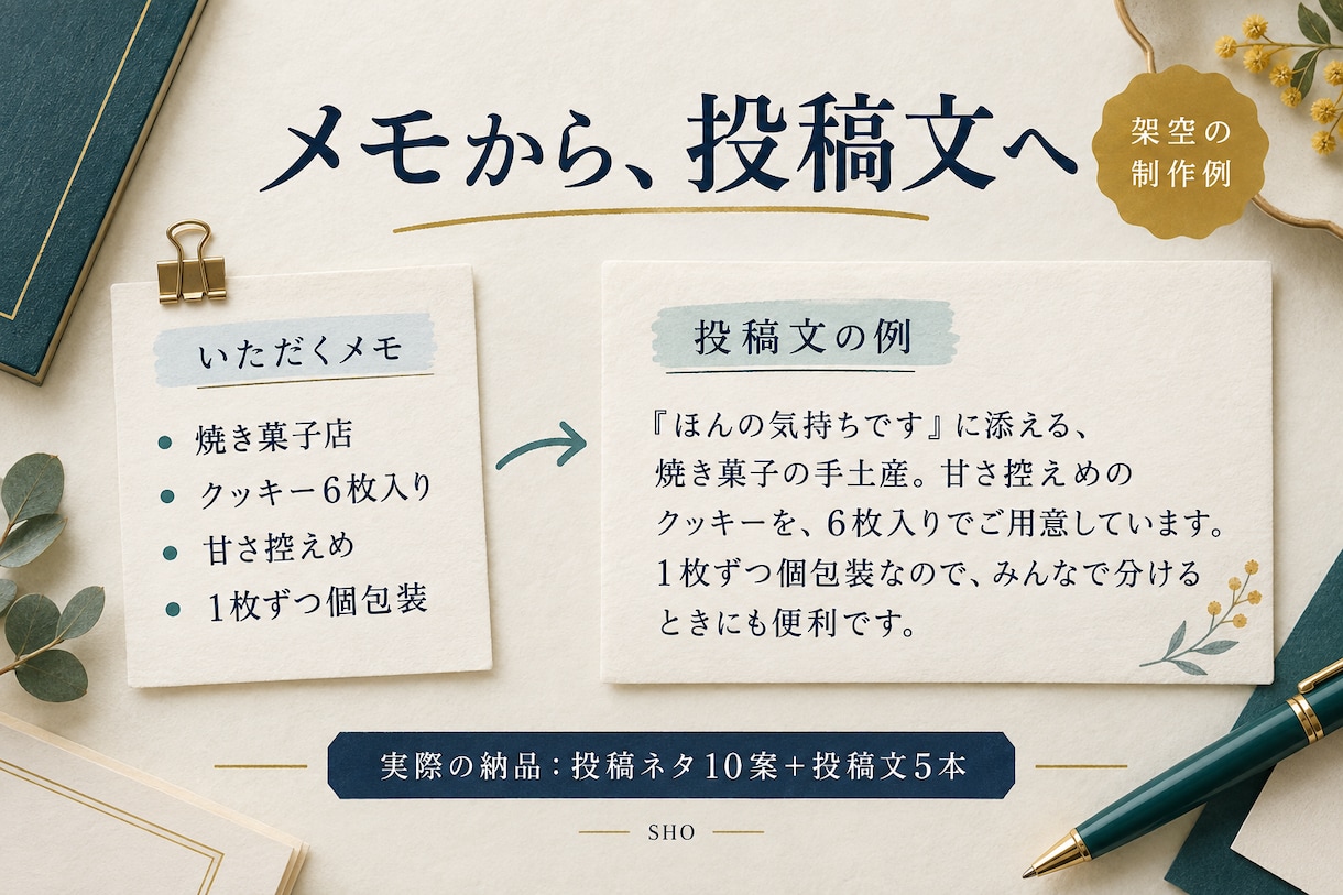 SNSの投稿ネタ10案と投稿文5本を作ります 小さなお店・個人事業のメモを伝わる投稿に イメージ2