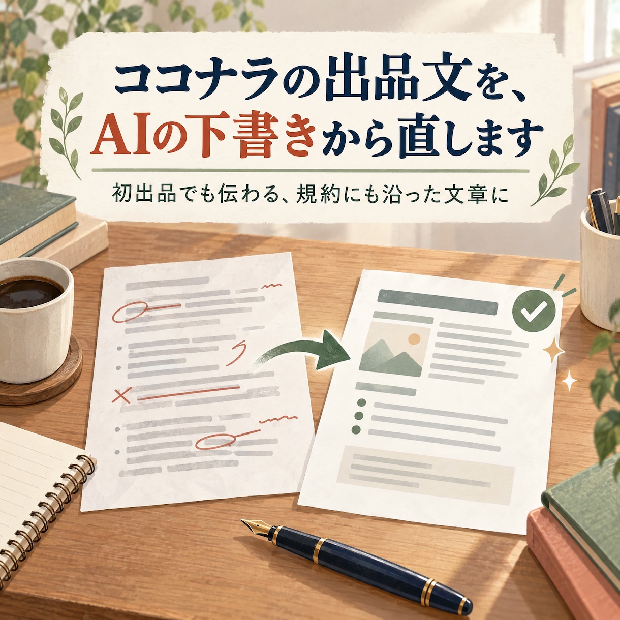 ココナラの出品文を、AIの下書きから直します 初出品でも伝わる、規約にも沿った文章に イメージ1
