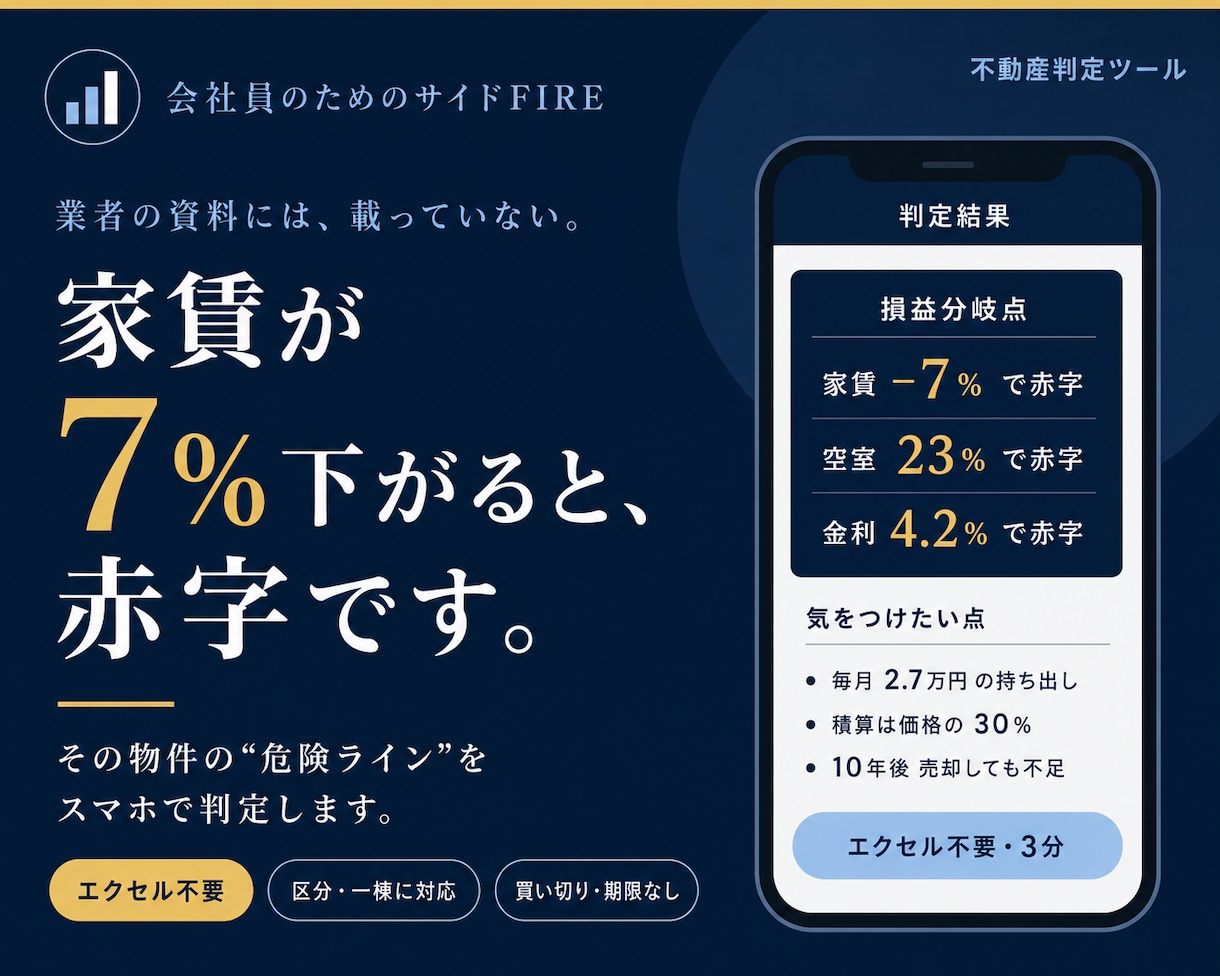 不動産投資の"危険ライン"をスマホで判定ます 家賃が何％下がると赤字か。業者資料にない数字を。 イメージ1