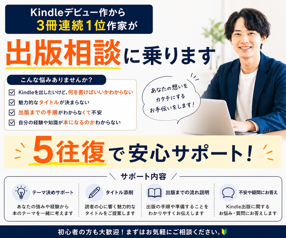 Kindle3冊連続1位作家が出版相談に乗ります 初心者歓迎｜出版までの流れをサポート イメージ1