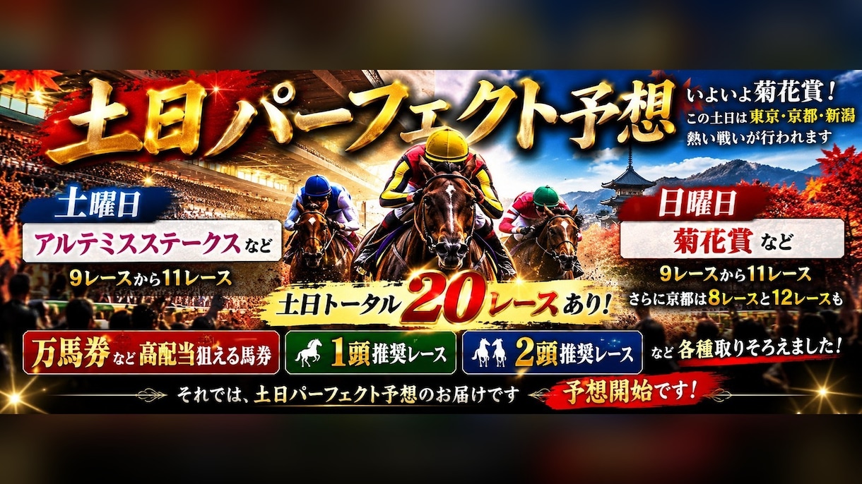 いよいよ菊花賞！土日中央競馬全20レース予想します 完成中央競馬馬券術がお届けする馬券だ！ イメージ1