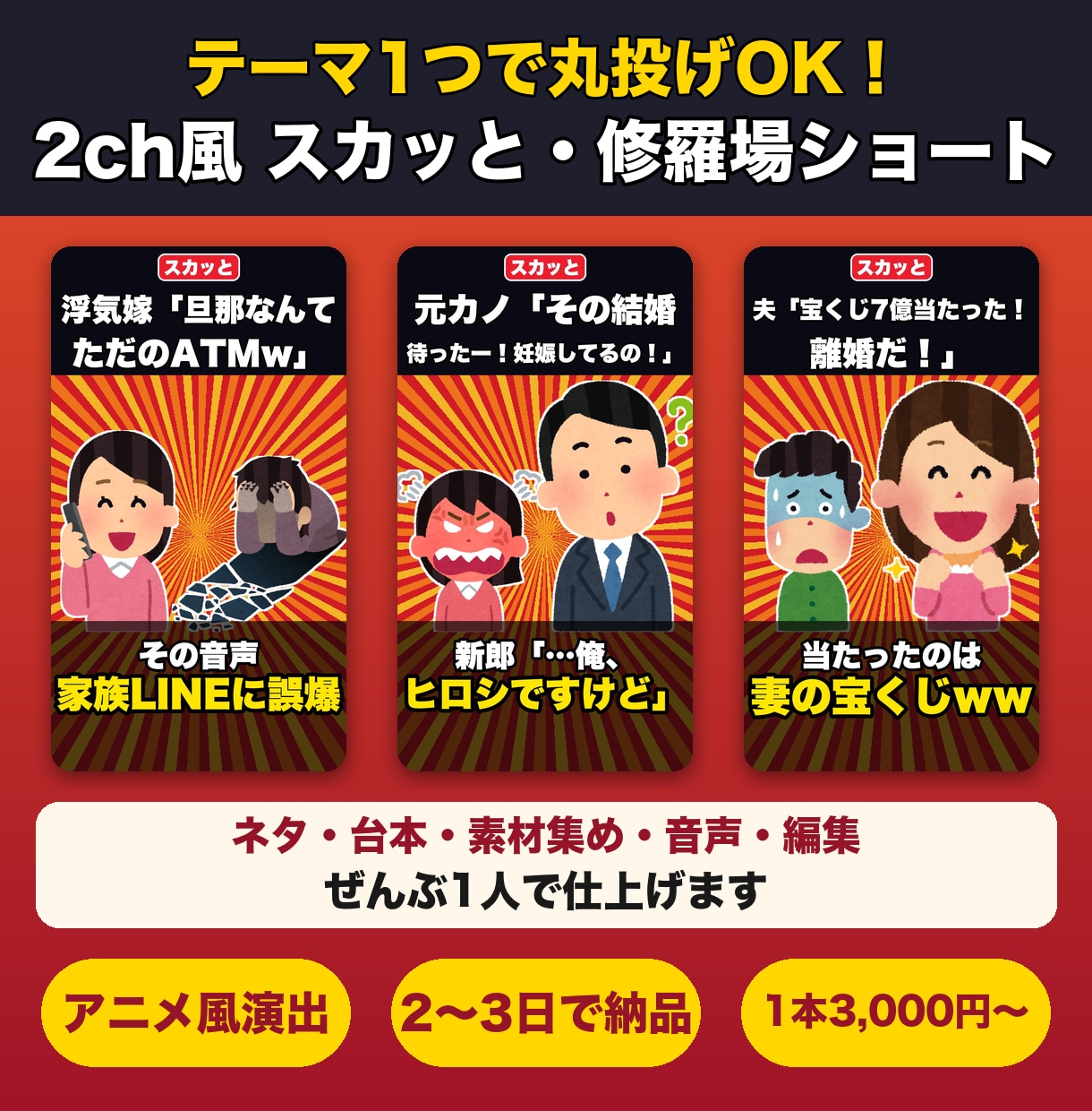 2ch風スカッと修羅場ショート丸投げで作ります ネタ・台本・素材・声・編集まで全部おまかせ！ イメージ1