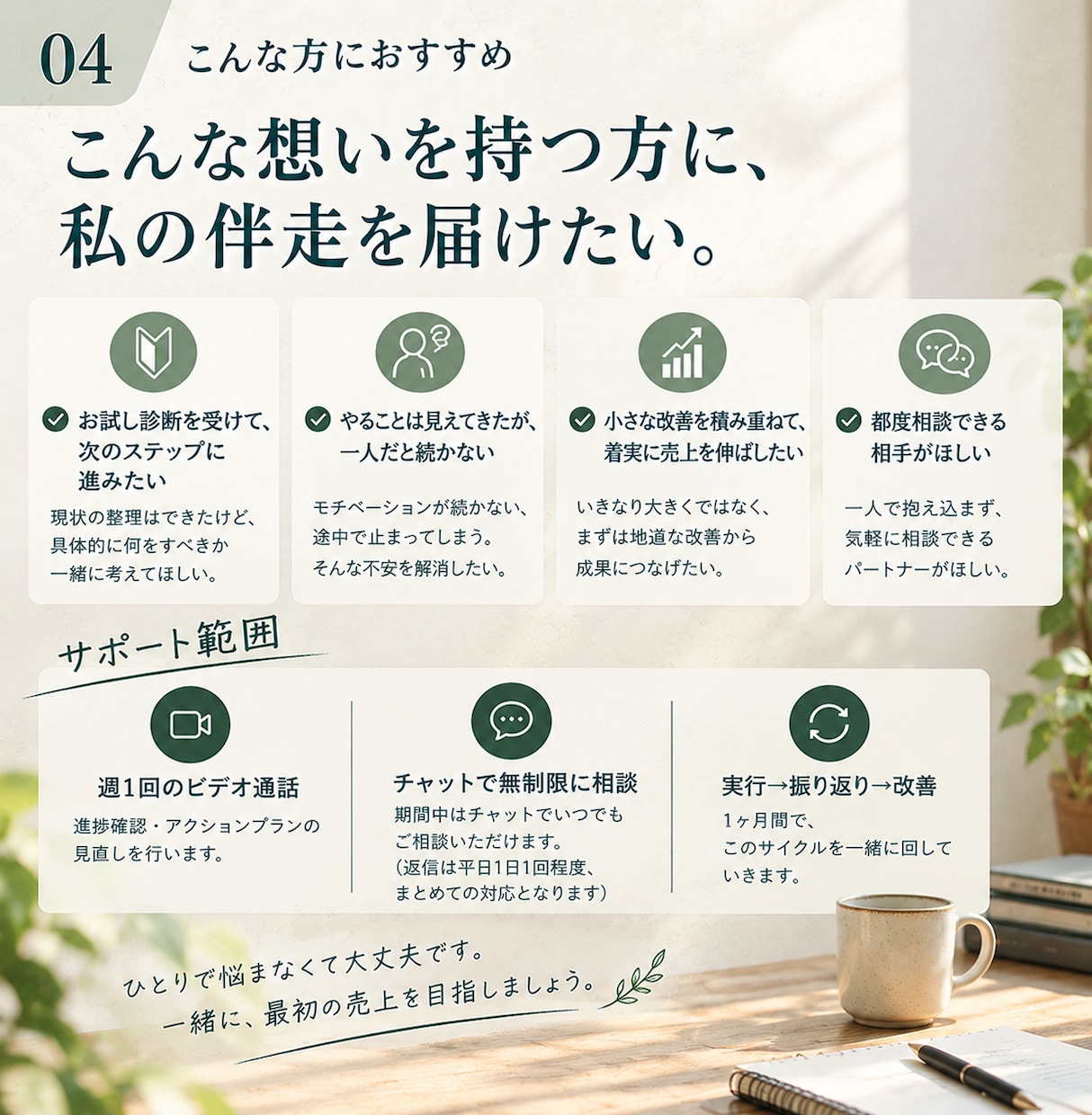 月次本伴走｜一か月の伴走で初売上を目指します 止まっていた足が、また動き出す｜1ヶ月、一緒に前進します イメージ5