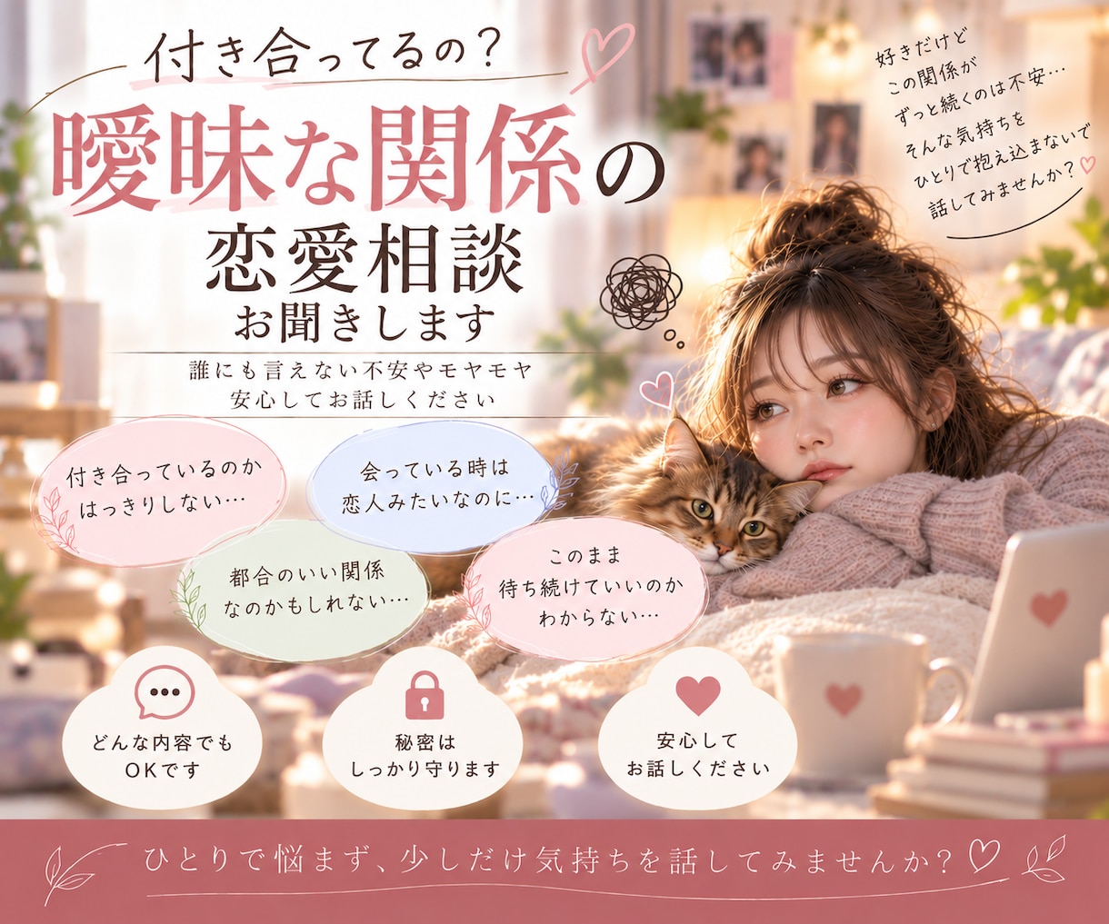 付き合ってるの？曖昧な関係の恋愛相談を聞きますます 恋人なの？都合のいい関係？誰にも言えない不安を聞きます イメージ1
