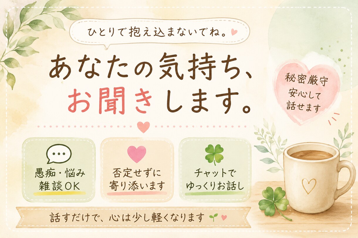 誰かに話を聞いてほしい、愚痴等なんでも話ききます ただ聞いて欲しいを大切にします。 イメージ1